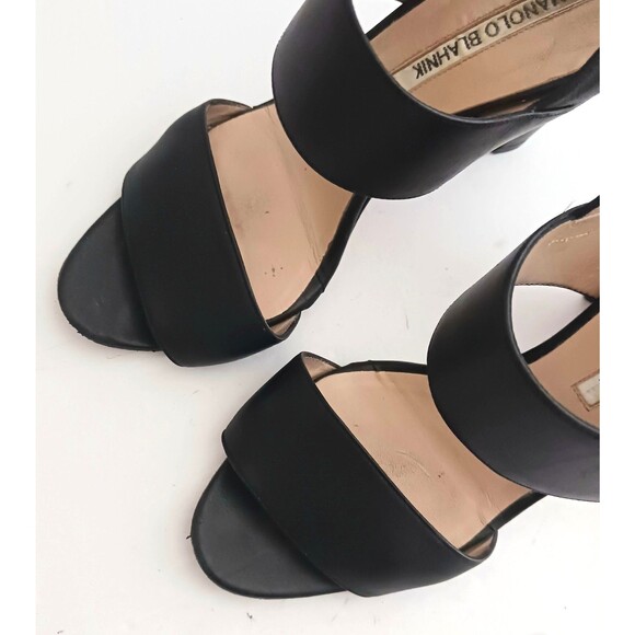 Manolo Blahnik Khan Blk Calfskin Leather Slingback Heeled Sandal EU 37.5 US 7.5 - Picture 5 of 13